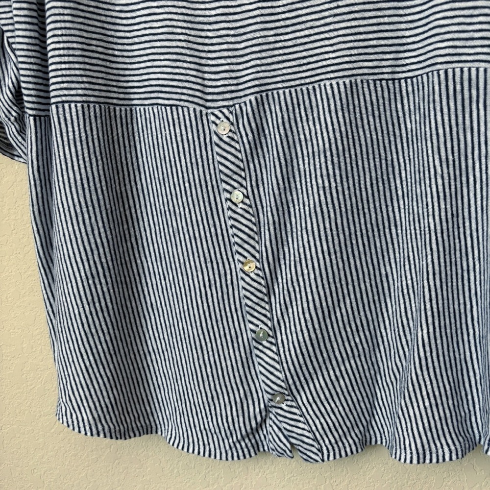 Adrienne Vittadini 2X Linen Three-quarter Sleeve Roll Tab Stripe Top Beachy - Picture 8 of 12